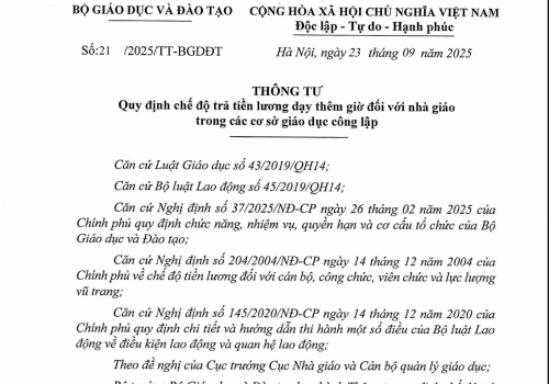 Thông tư số 21/2025/TT-BGDĐT của Bộ Giáo dục và Đào tạo: Quy định chế độ trả tiền lương dạy thêm giờ đối với nhà giáo trong các cơ sở giáo dục công lập
